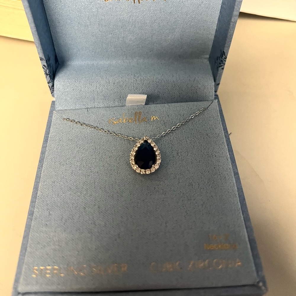 Isabella M necklace 16 plus 2 additional inches blue stone cubic zirconia silver